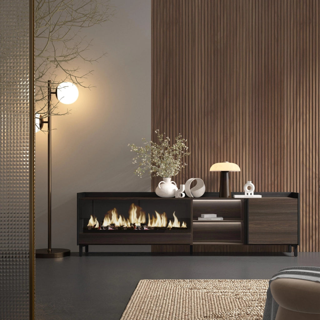 Mobile TV Soggiorno, 212x61x35 cm, Per TV fino a 80", Camino elettrico XXL, Design industriale, LED, Rovere scuro e Nero