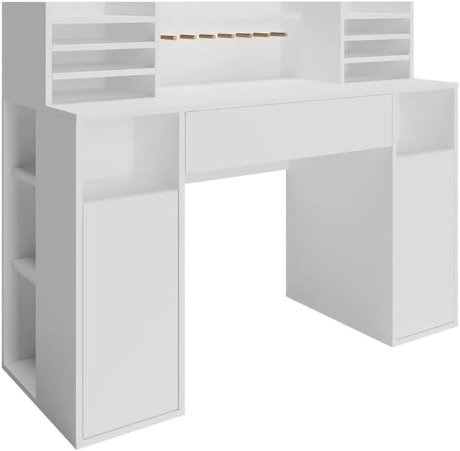 Scrivania con ripiani, Bianco/Sonoma, 126.8 x 50 cm XL con ripiani, adatto come postazione di lavoro con passacavi e superficie d’appoggio