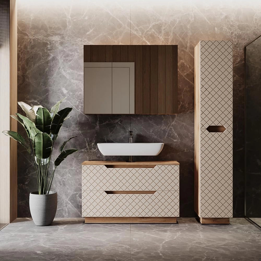 Set di mobili da bagno Lotta, Rovere/cashmere con struttura in piastrelle, 3 parti