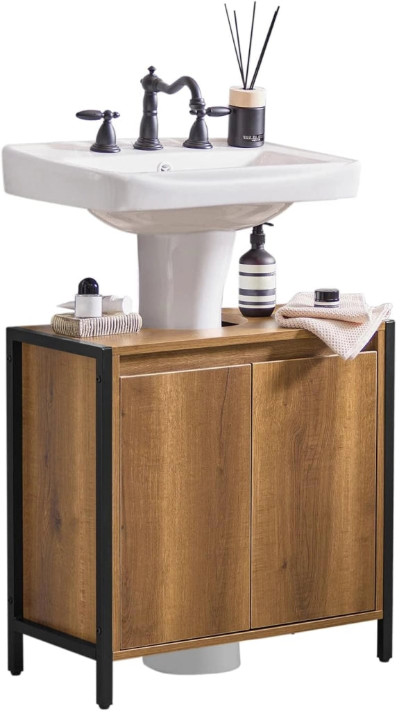 Mobiletto Bagno Salvaspazio - Mobile Sottolavabo per Bagno con 2 Ante e Ripiano, Mobile Sotto Lavabo da Terra con Piedini Regolabili 60x60x30 cm BZR63-PF