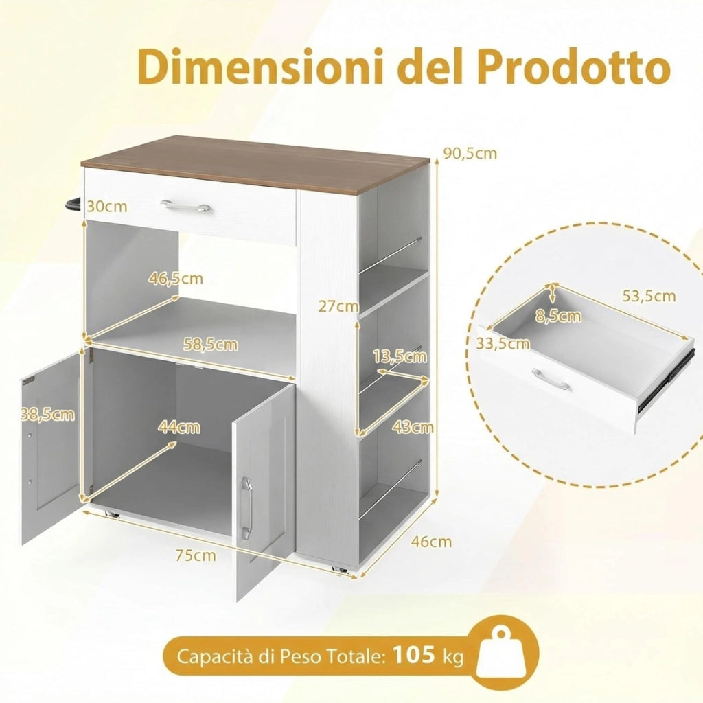 Carrello da Cucina con Ruote, Isola da Cucina con 3 Portaspezie 1 Cassetto Armadietto a 2 Porte, Carrello Portaoggetti con Portasciugamani, 82x46x92 cm (Bianco)