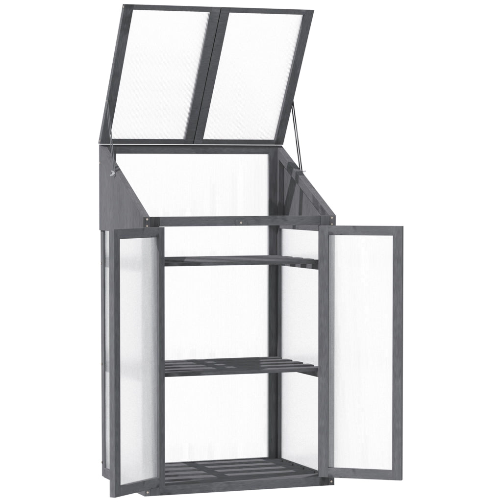 Mini serra da giardino grigia con 3 ripiani, 70 x 50 x 120 cm, struttura in legno di abete e pannelli in plastica