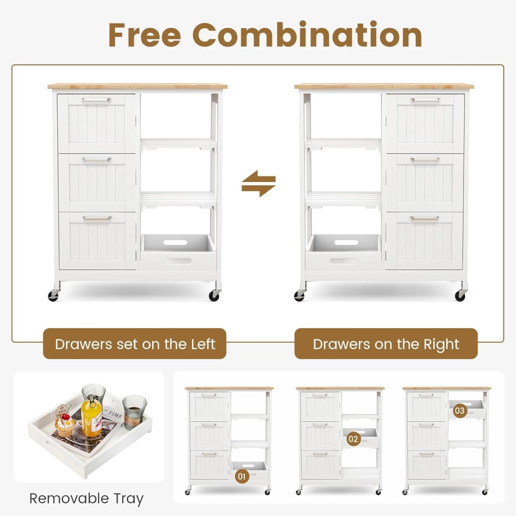 Carrello di Servizio con 4 Ripiani, Scaffale da Cucina con Rotelle, Mobiletto Cucina Salvaspazio con 3 Grandi Cassetti, 67x37x83,5 cm, 2 Colori (bianco)