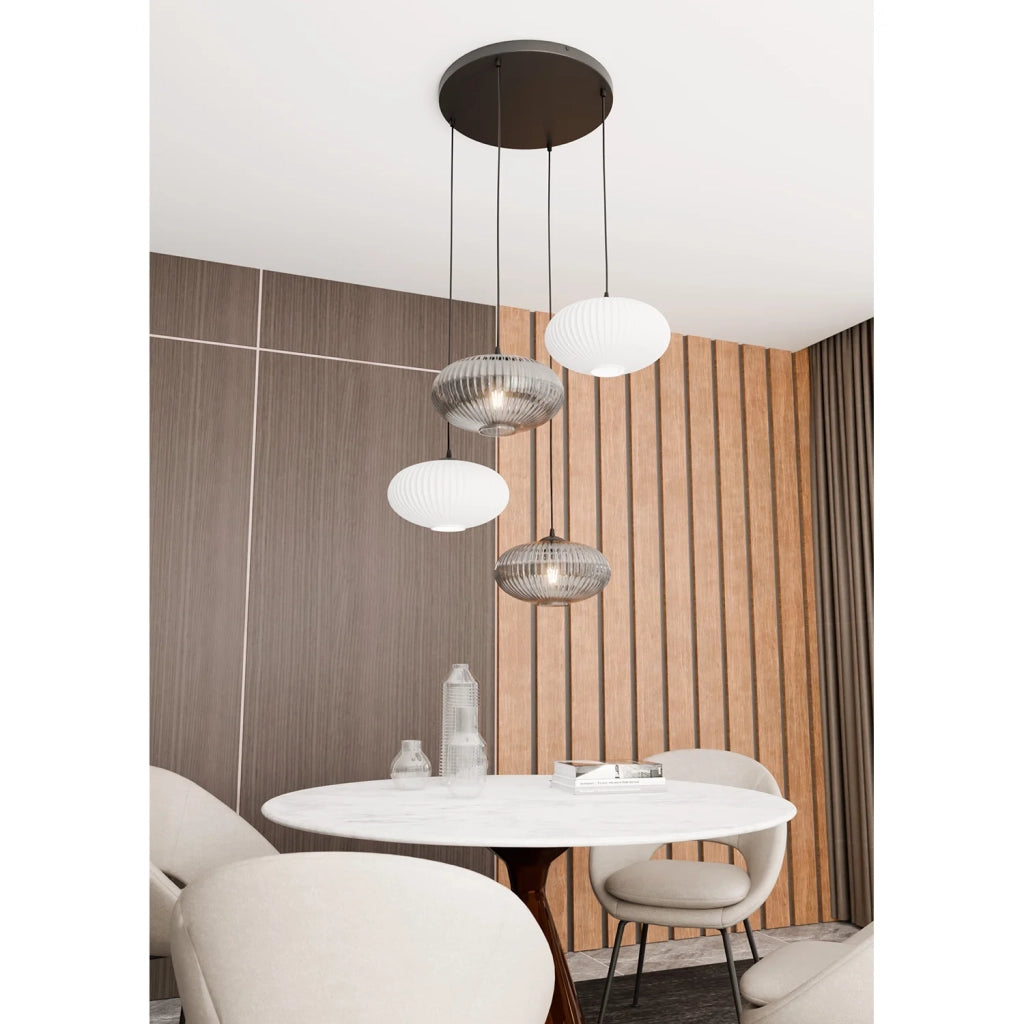 Lampadario 4 Luci Iris Base Tonda In Acciaio Nero Paralume Plissè Multicolor