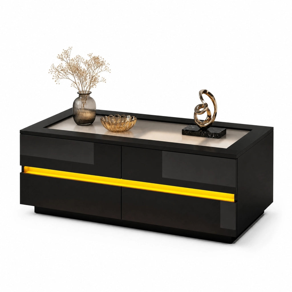 Tavolino da salotto nero 100x50x40 cm con 4 cassetti; LED; piano in vetro temperato