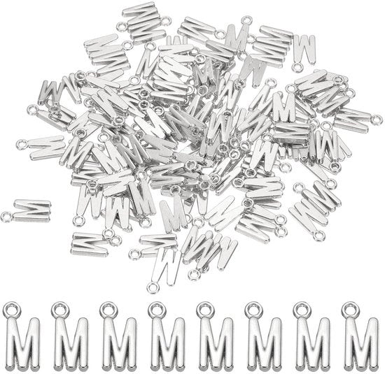 Set di lettere metalliche da bulk, 100 pezzi, dono DIY per gioielli, orecchini, collane, chiavi, artigianato, argento scuro, lettera M