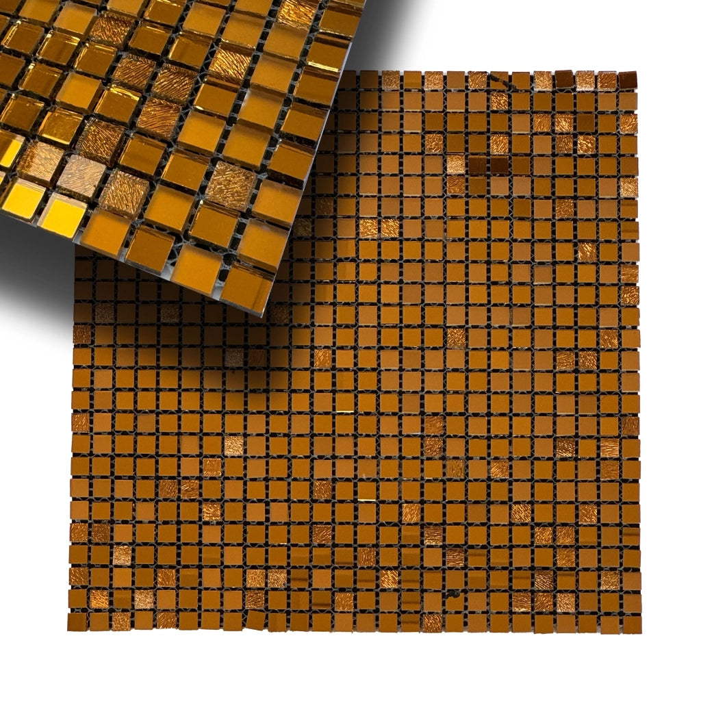 TOP di GAMMA! Piastrella autoadesiva in VETRO lucido mosaico 30x30cm (sp. 3mm) color ORO, idrofobo.