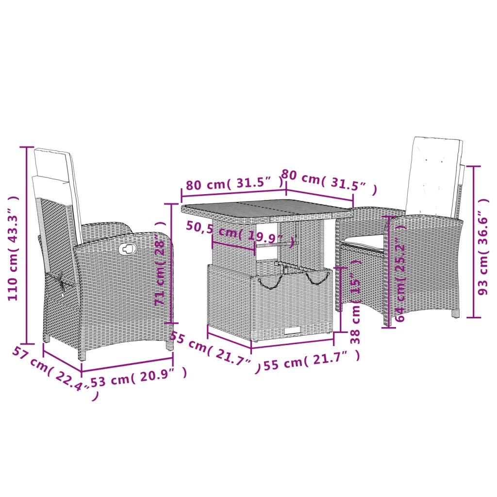 Set da Pranzo da Giardino 3 pz con Cuscini Nero in Polyrattan 3277325
