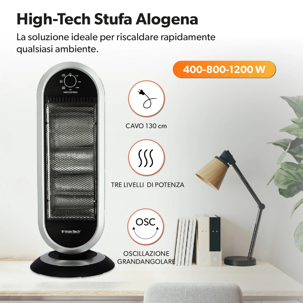 HIGH-TECH STUFA ALOGENA 400-800-1200 W 3 LIVELLI DI POTENZA SPEGNIMENTO AUTOMATICO E OSCILLAZIONE ORIZZONTALE