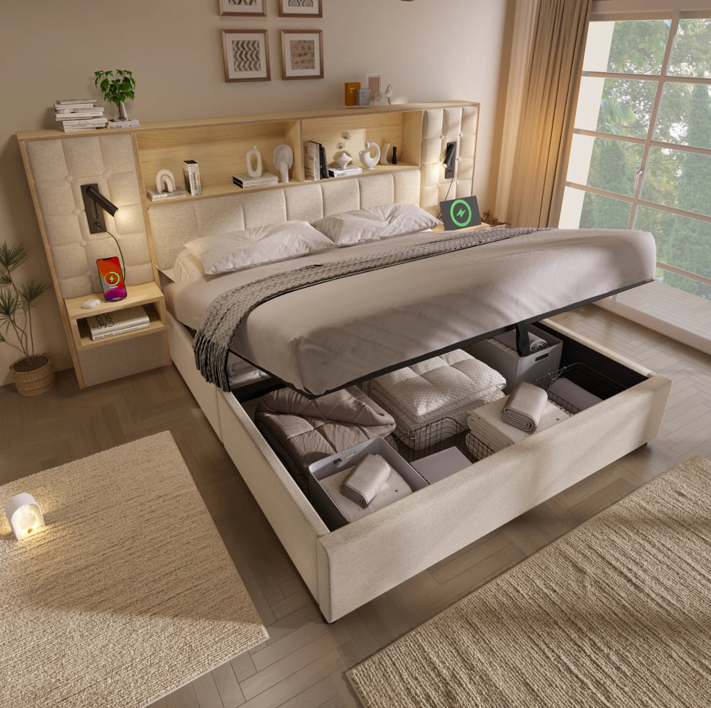 Letto matrimoniale 160x200 cm con contenitore; in tessuto effetto lino beige; luci lettura e ricarica USB-C