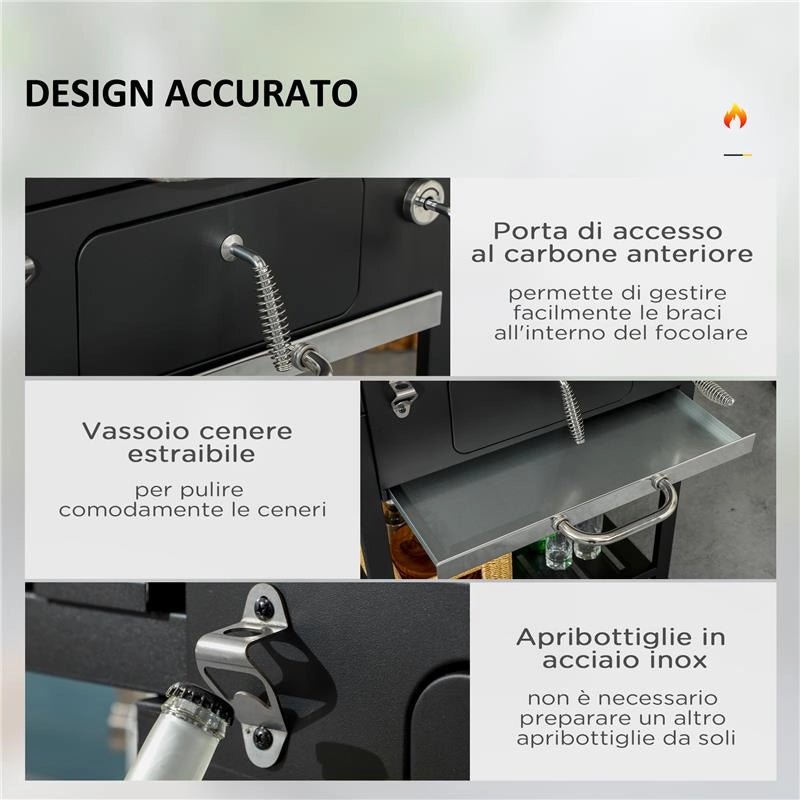 BARBECUE A CARBONE CON COPERCHIO CON TERMOMETRO, GRIGLIA REGOLABILE, RUOTE E TAVOLINI, NERO
