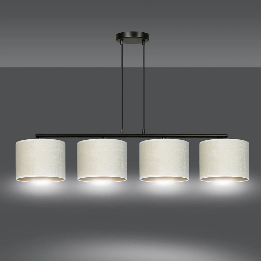 Lampadario 4 Luci Ganesha In Acciaio Nero E Paralumi In Tessuto Beige