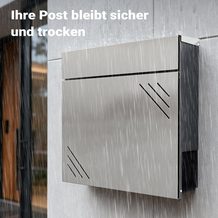 Cassetta della posta in acciaio inox V63 37 x 11 x 37 cm, cassetta delle lettere da parete con portagiornali e chiave