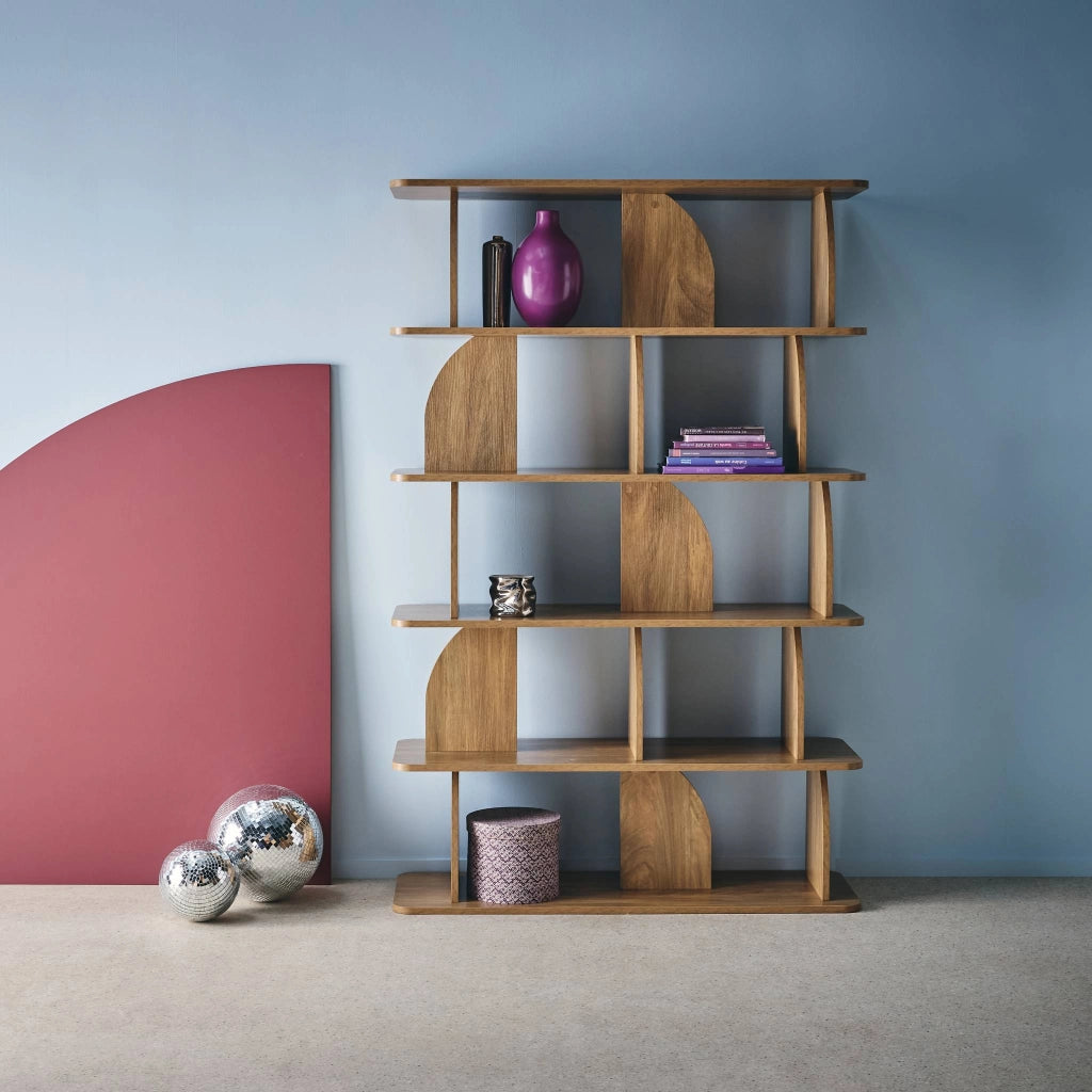 Libreria esotica in legno a 5 livelli, effetto legno miele