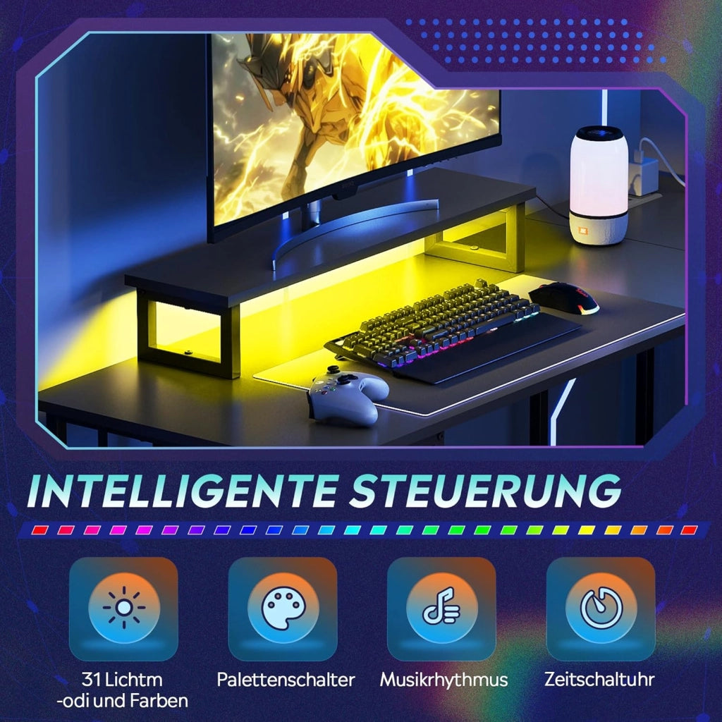Scrivania Gaming Angolare L ¨C zephmum ¨C 142x118 cm, Nero, con Cassetti, Presa e USB