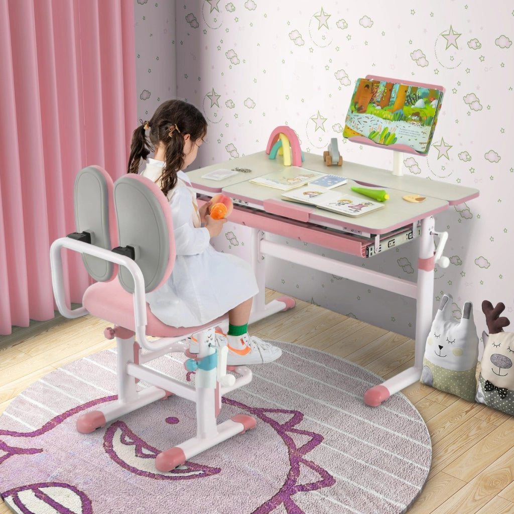 Scrivania per bambini regolabile con piano inclinabile cassetto, Scrivania per bambini tavolo ergonomico Rosa-Tavoli e sedie
