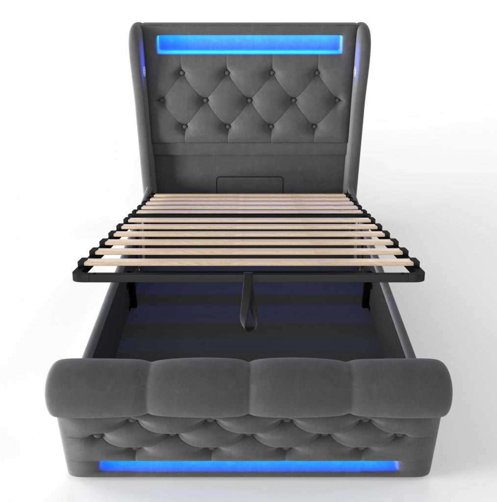 Letto imbottito con LED, USB e USB-C, contenitore idraulico, 90x200 cm, grigio