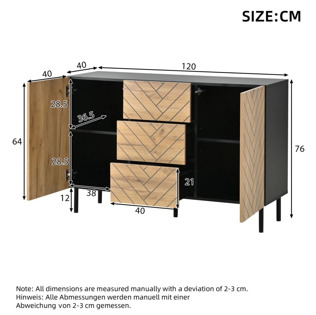 Credenza moderna 120x40x76 cm con 3 cassetti e 2 ante, legno e nero