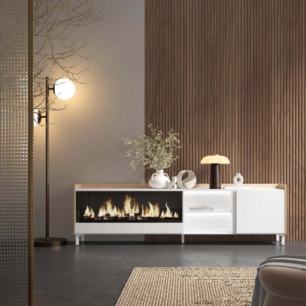 Mobile TV Soggiorno, 212x61x35 cm, Per TV fino a 80", Camino elettrico XXL, Design industriale, LED, Bianco e Rovere soft