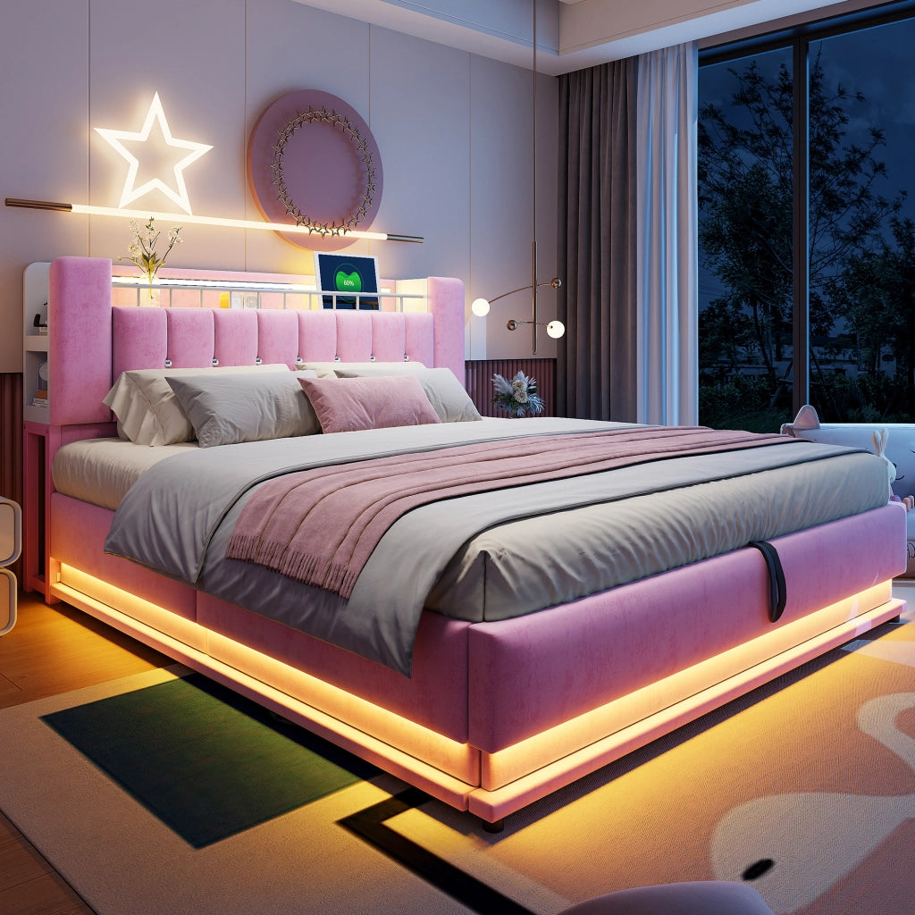 DESMIU Letto imbottito 180 × 200 cm 2 posti con LED, USB e contenitore idraulico, senza materasso, in velluto, rosa