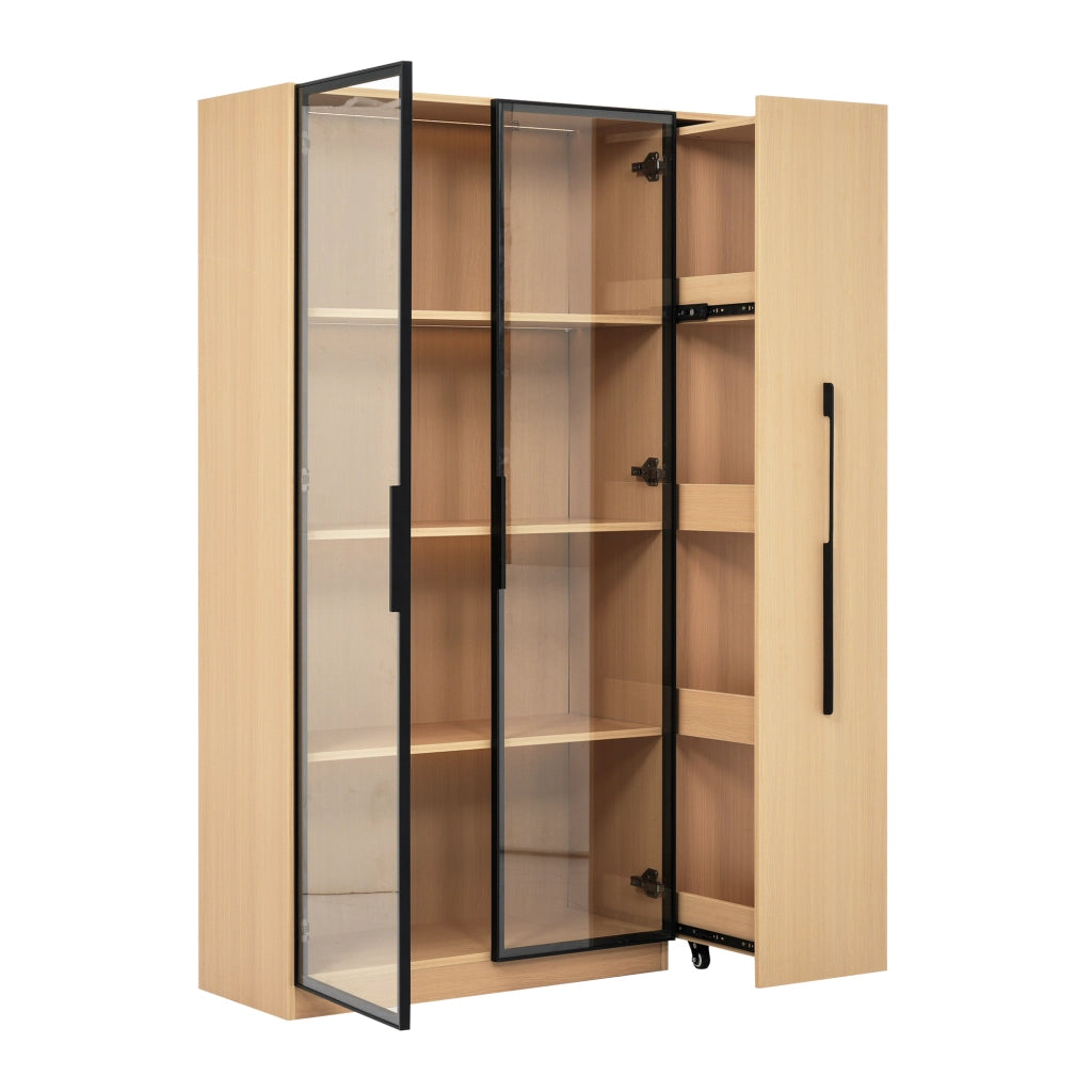 Armadio multifunzione 110,5×35×160 cm con vetrina in vetro e LED, scaffale laterale estraibile, rovere