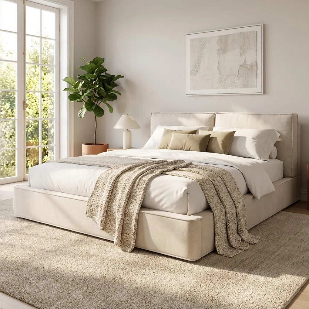 Letto matrimoniale 160x200 cm in chenille beige con contenitore idraulico e testiera imbottita