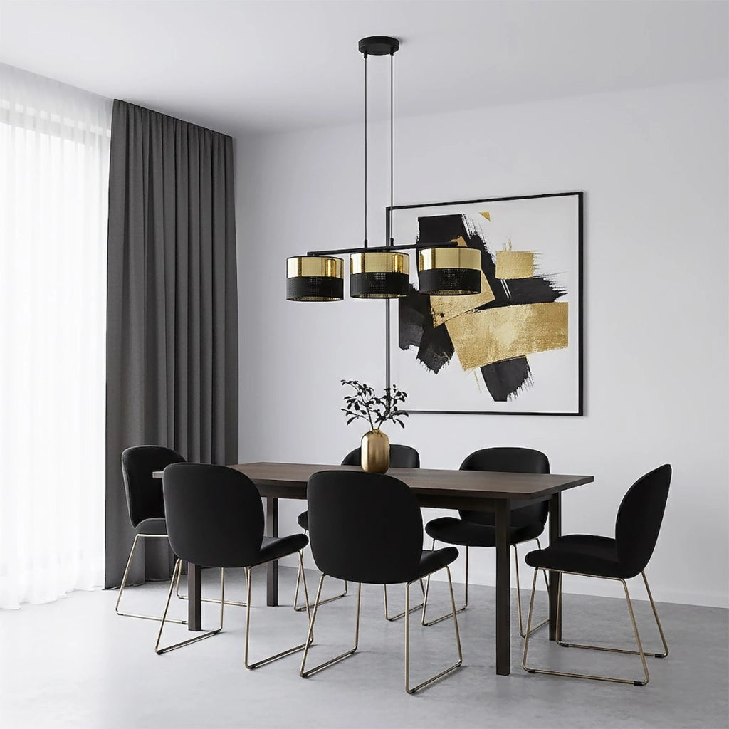 Lampada a sospensione Lux in acciaio nero e oro