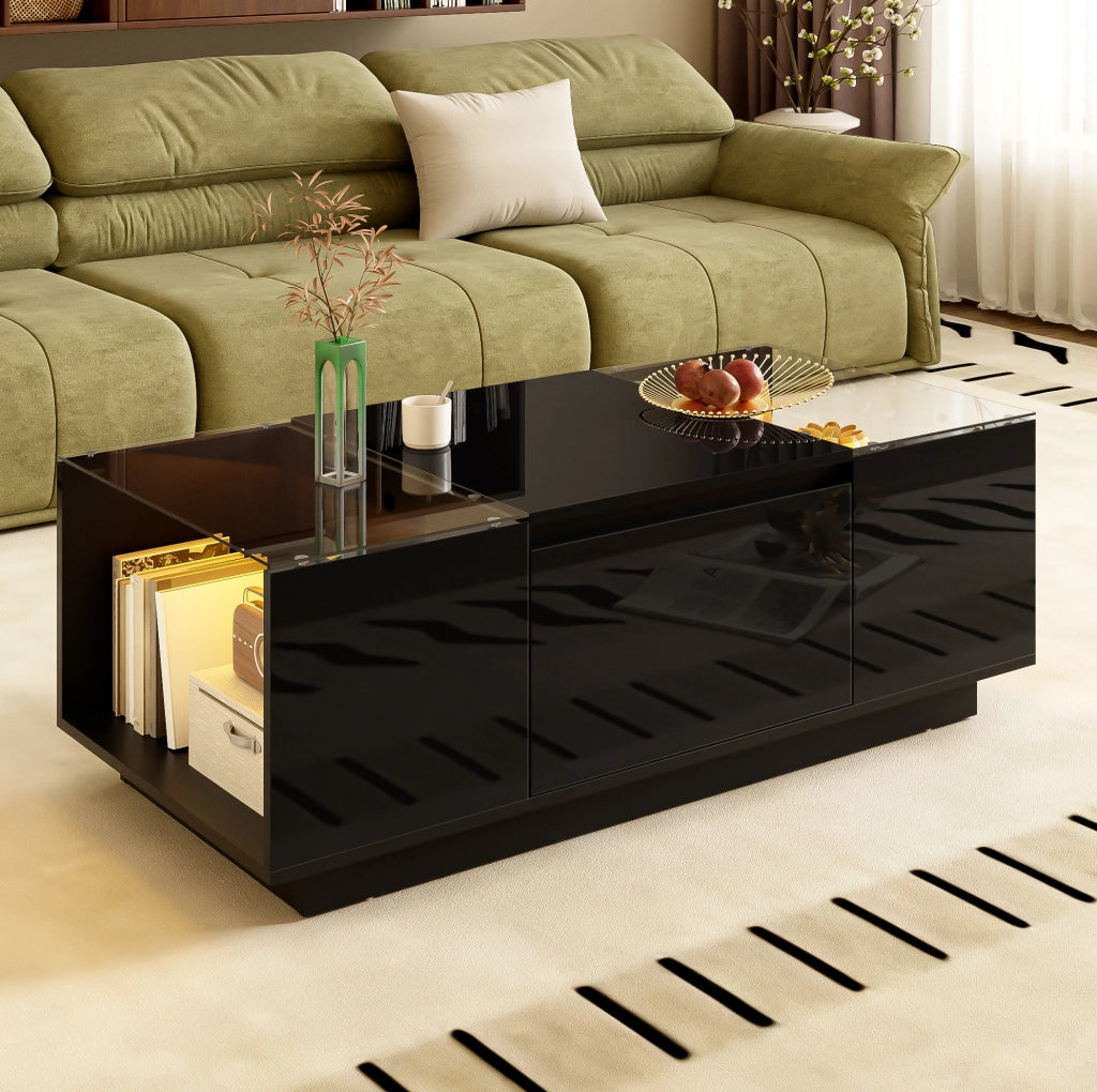 Tavolino da salotto 105x50x35 cm con LED; 2 cassetti; vetro; pannello truciolare nero