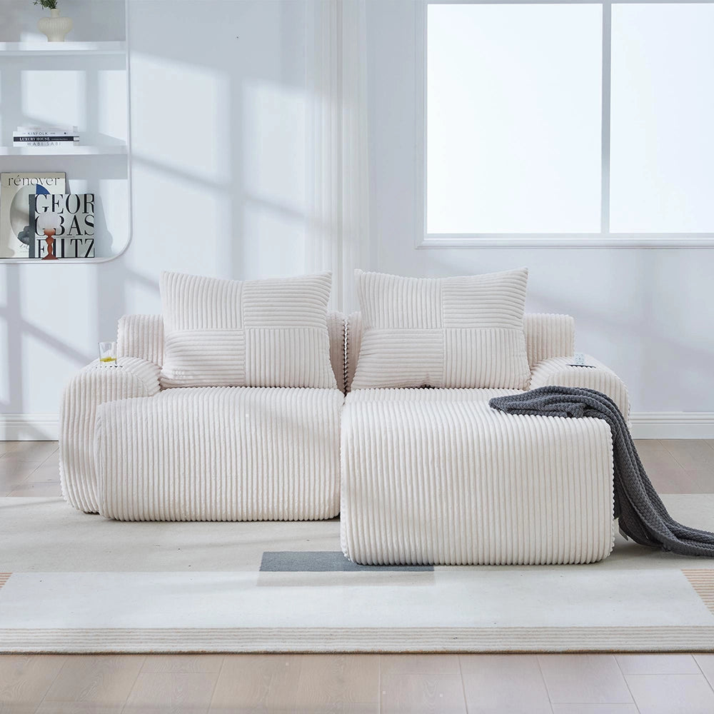 Canap¨¦ modulable in velluto costato per 2 persone - Xylo - Beige con porta-bevande e tasche laterali