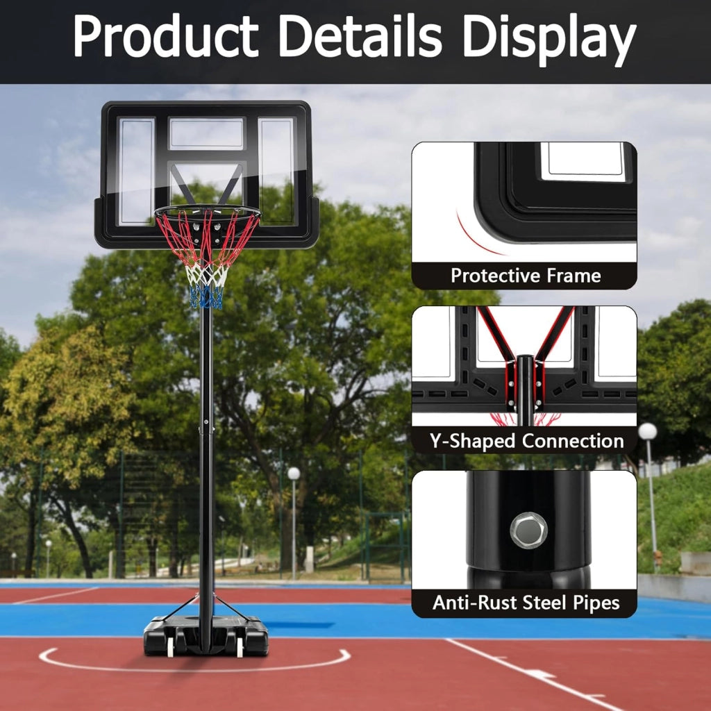 Canestro Basket per Esterno, 12 Livelli di Altezza Regolabile 130-305 cm, Supporto da Basket Portatile con Ruote, Base in PE e PVC, Pallacanestro per Interni con 2 Reti, per Bambini e Adulti