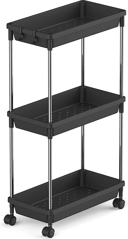 Carrello a rotelle con 3 gradini, organizzatore estensibile con ruote per bagno, cucina, zona lavanderia, camera da letto, spazio di archiviazione ridotto, archiviazione spaziale risparmiatrice, nero