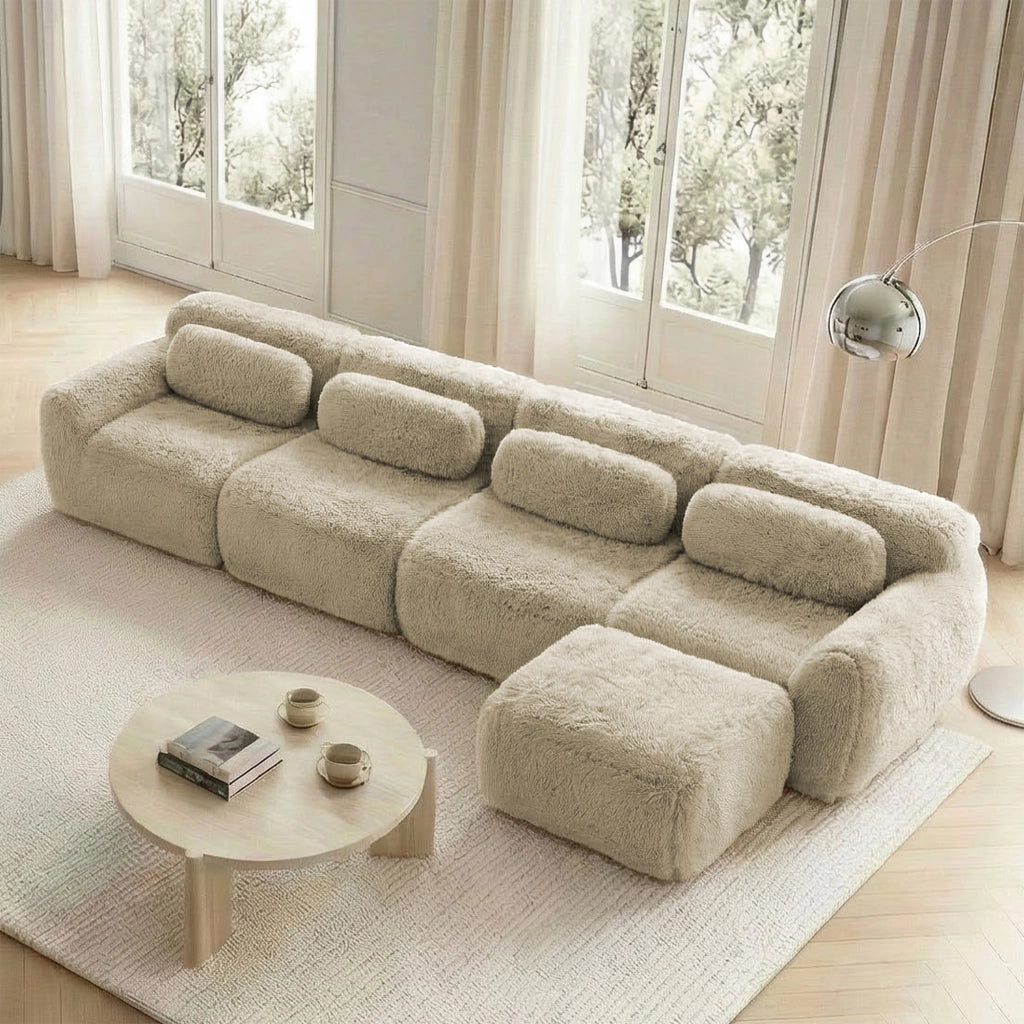 Divano Angolare Modulare 4 Posti senza Montaggio con Cuscini; Seduta Extra Larga Comfort Nuvola; in Peluche Cachi Chiaro