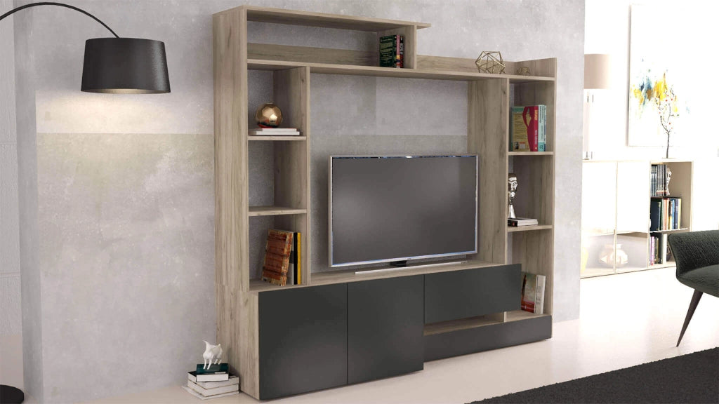 PARETE SOGGIORNO ENTRY ANTRACITE E OLMO 180 X 28/40 X H165 CM