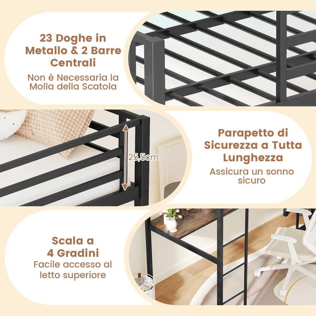 Letto a Soppalco 90 x 200 cm con Scrivania Sotto, Letto a Castello con Luce LED e Stazione di Ricarica, Letto Rialzato Struttura in Ferro con 2 Ripiani per Ragazzi e Ragazze (Nero)