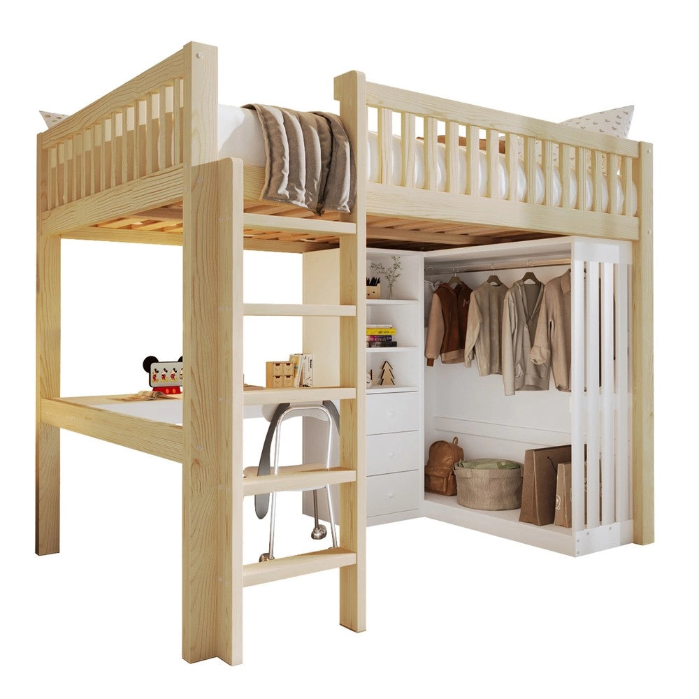 Letto a Soppalco con Scrivania, Armadio e Cassetti ¨C MINIMAL ¨C 140x200cm, Naturale