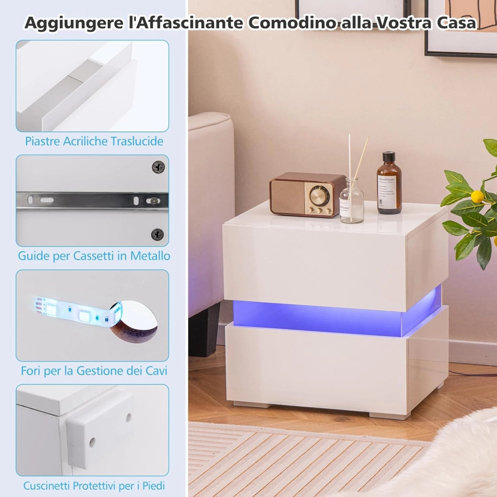 Tavolino a LED, Tavolino con Cassetto, Telecomando, 22 Modalità di Luce, 10 Velocità e 5 Luminosità, Comodino Moderno da Salotto e Camera da Letto (1, Bianco)