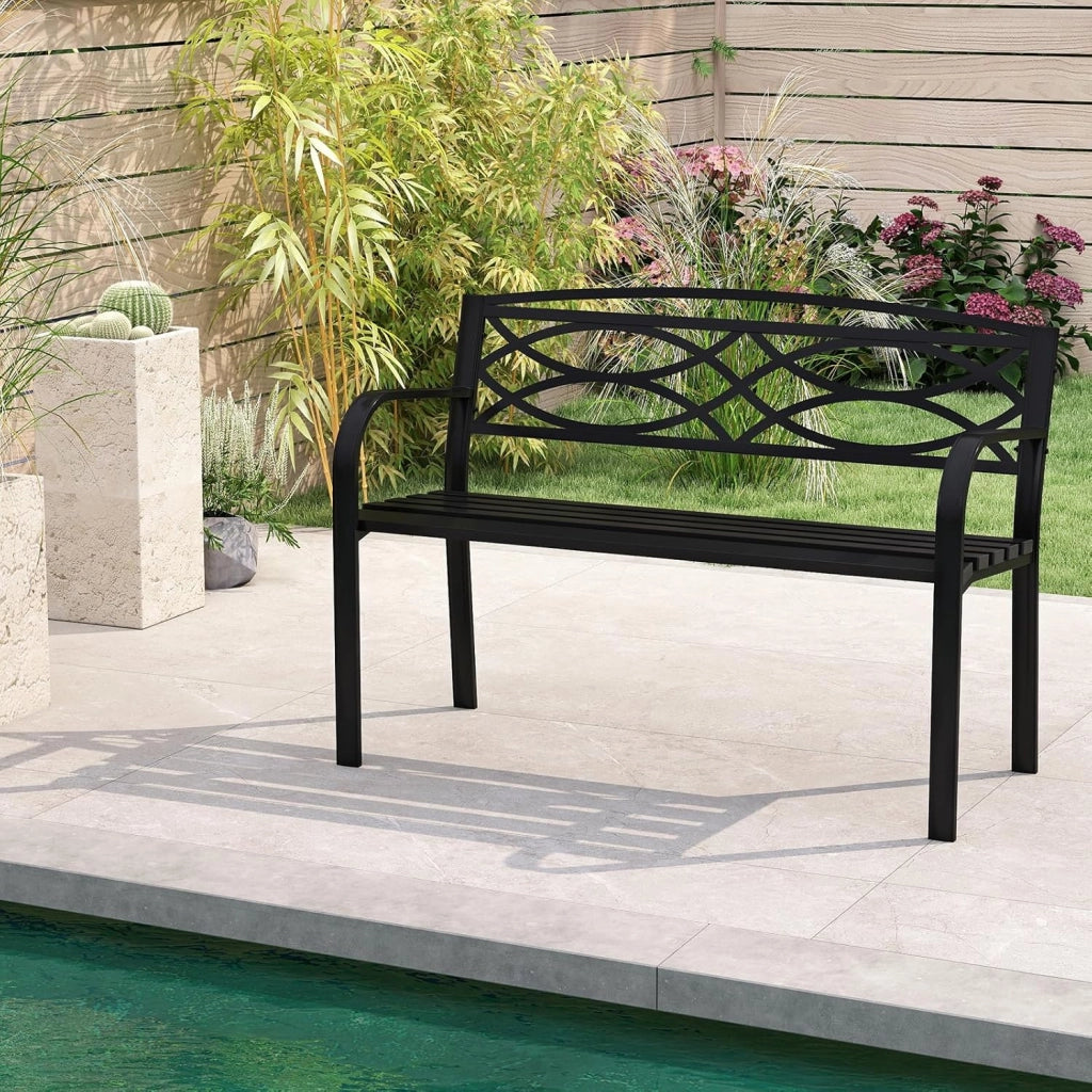 Panchina da Esterno 2-3 Posti, Panca in Metallo con Schienale Motivo Geometrico, Braccioli e Seduta a Doghe, Sedia Moderna per Parco, Cortile e Giardino