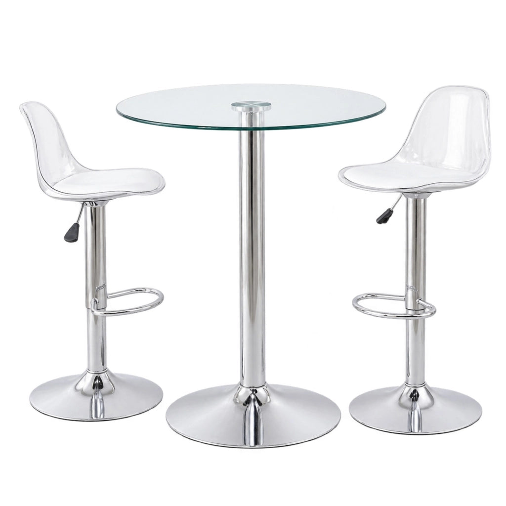 Set da bar con tavolo in vetro Ø89 cm e 2 sgabelli