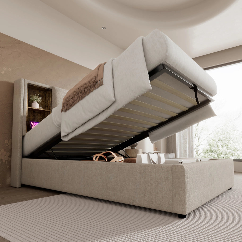 OKWISH Letto Contenitore 90×200 cm, Letto Singolo con Ricarica Wireless, USB e Tipo C, Testiera con Vani a Giorno, senza Materasso, Lino Naturale