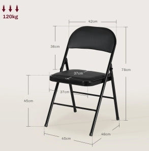 Sedia pieghevole 45x46x78 cm con seduta imbottita in metallo e pelle rigenerata nera
