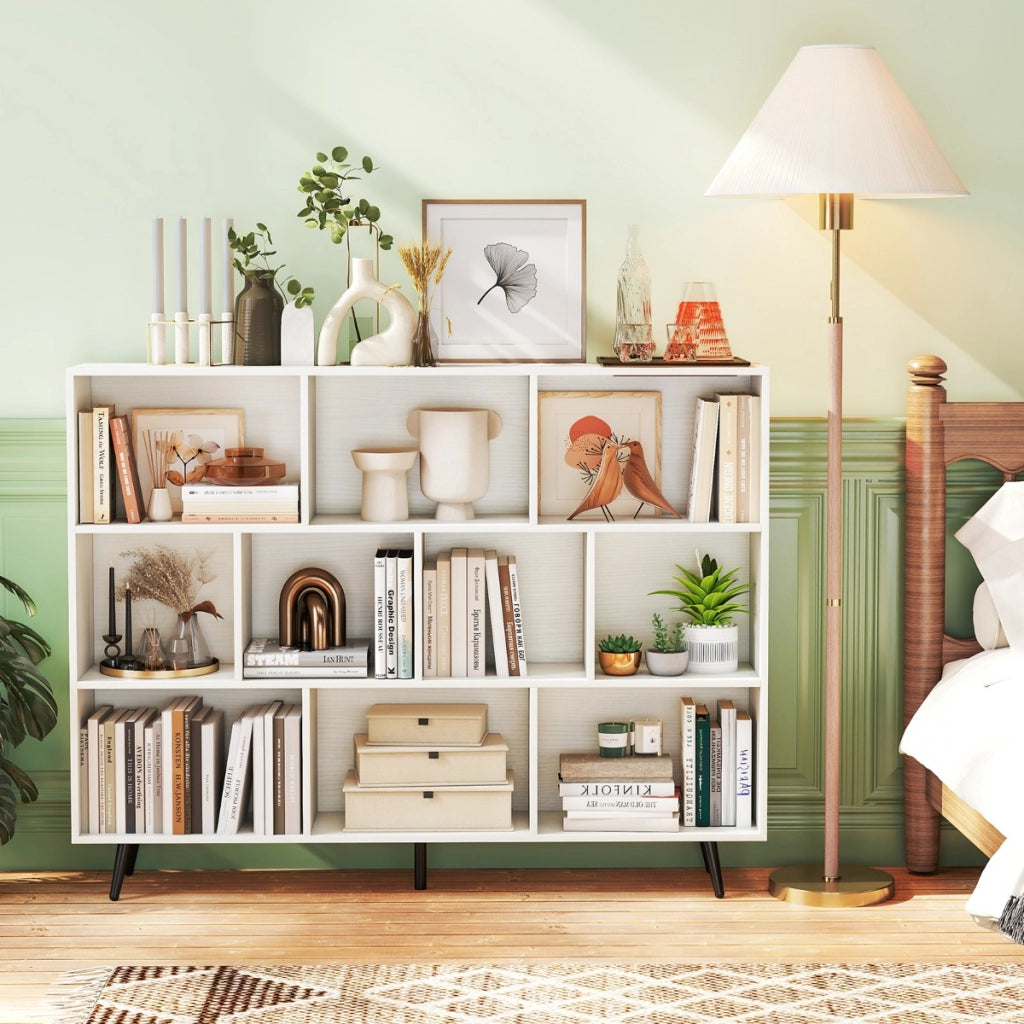 Organizzatore di stoccaggio moderno con 5 gambe di metallo affusolate, Libreria a 10 cubi studio camera da letto Bianco