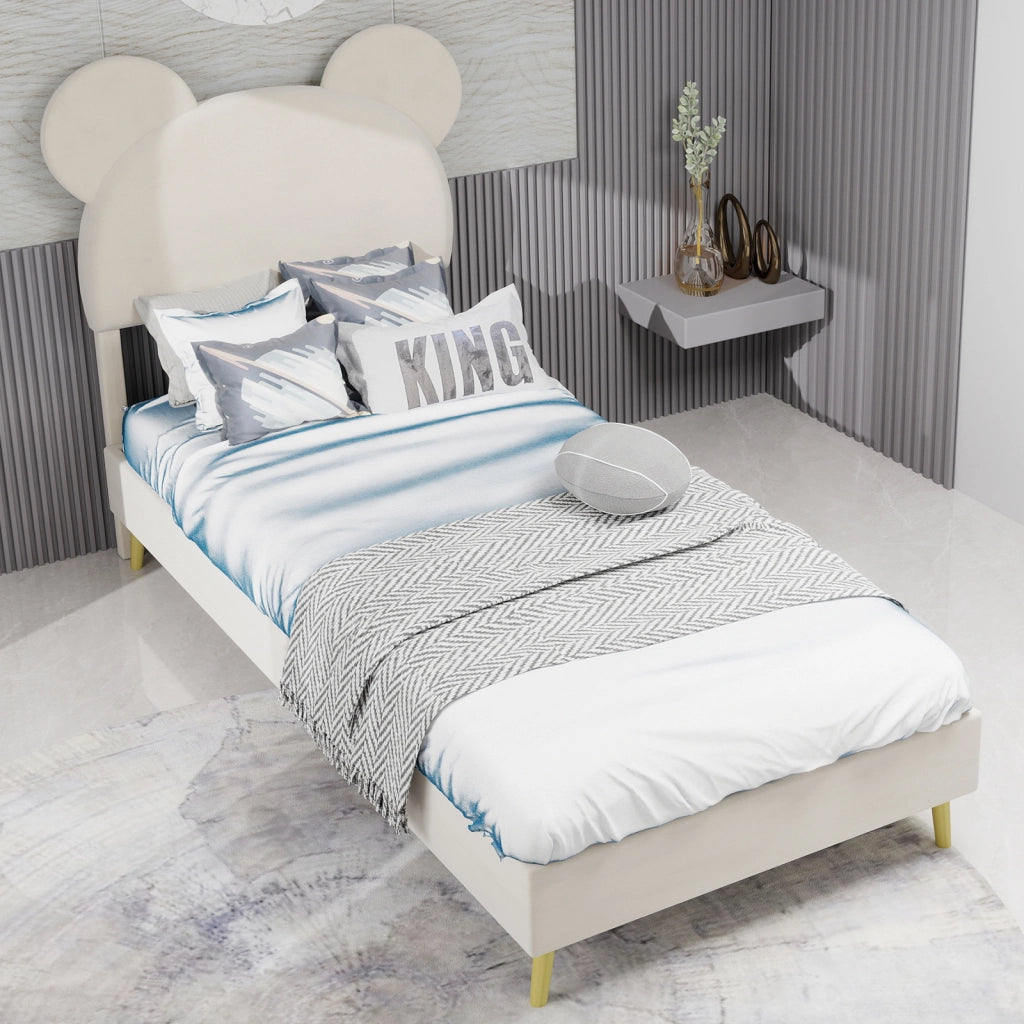 Letto Singolo 90x200 cm; Contenitore; Testiera Sagomata; in Tessuto e Metallo; Beige