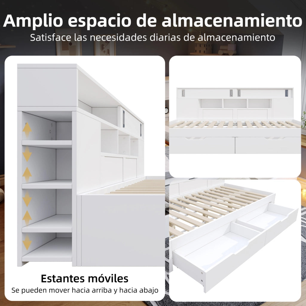 Letto singolo 140x190 cm con cassetti e armadi, bianco