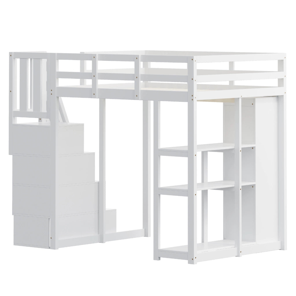 Letto a soppalco in legno massiccio 140x200 cm con cassetti e scala di sicurezza bianco