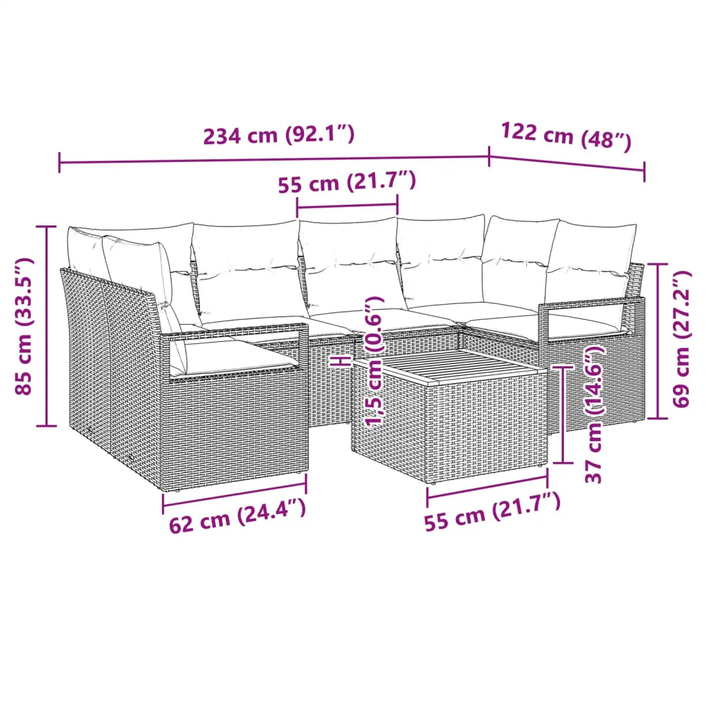 Set Divano da Giardino con cuscino 7 pcs Nero polyrattan