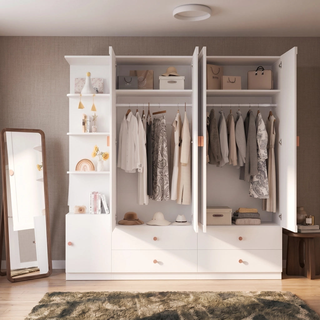 Armadio guardaroba modulare 225x45x200 cm bianco con 3 appendiabiti e 4 cassetti