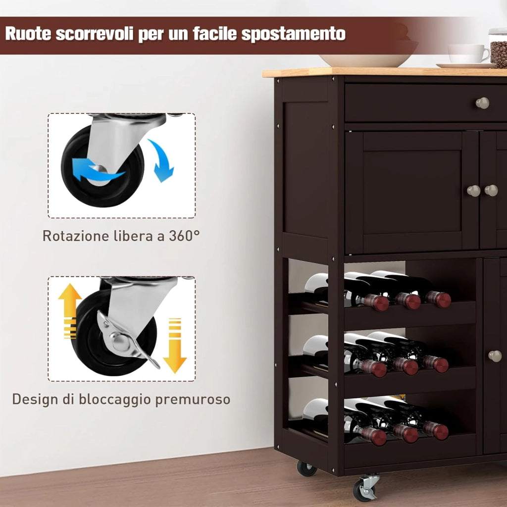 Carrello da Cucina, con Portabottiglie Tre Ante e Ruote, Credenza Cucina in Legno di Pino e MDF, Ideale per Soggiorno e Cucina, 67 x 37 x 86 cm (Marrone)