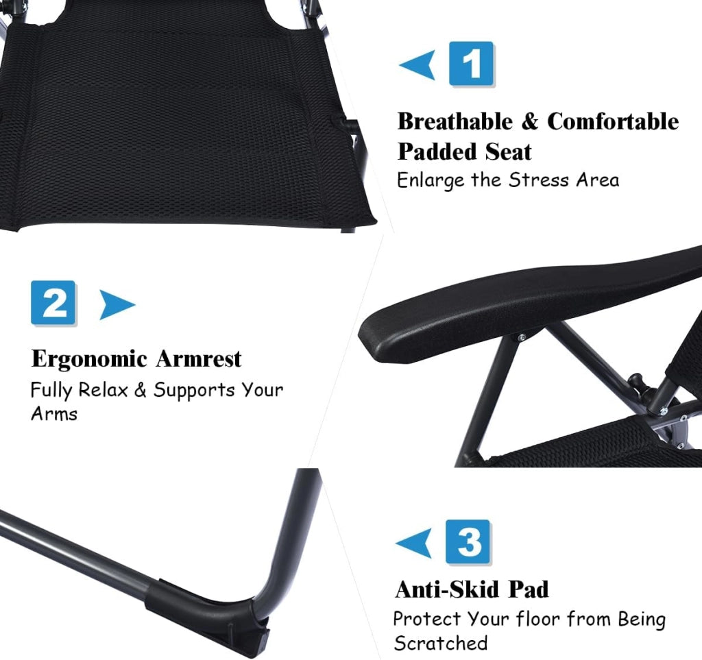 Set di 2 sedie pieghevoli per giardino, sedie con schienale regolabile, supporto ergonomico e cuscino per seduta in spugna, sedie da pranzo per patio, giardino, nero (Nero)