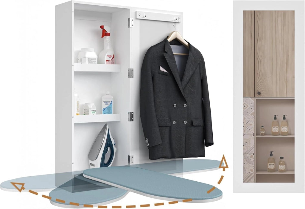 ARMADIETTO da Parete con Asse da Stiro Pieghevole e Specchio Bianco MDF