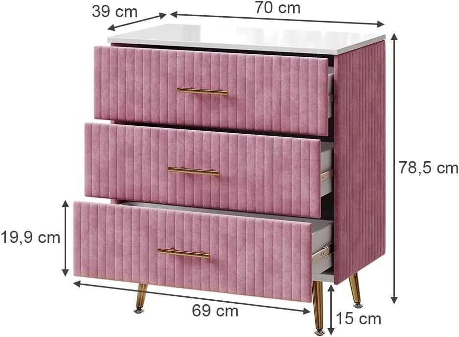 Cassettiera Velia, rosa, 70 x 78.5 cm con 3 cassetti, per riporre abiti e oggetti di uso quotidiano